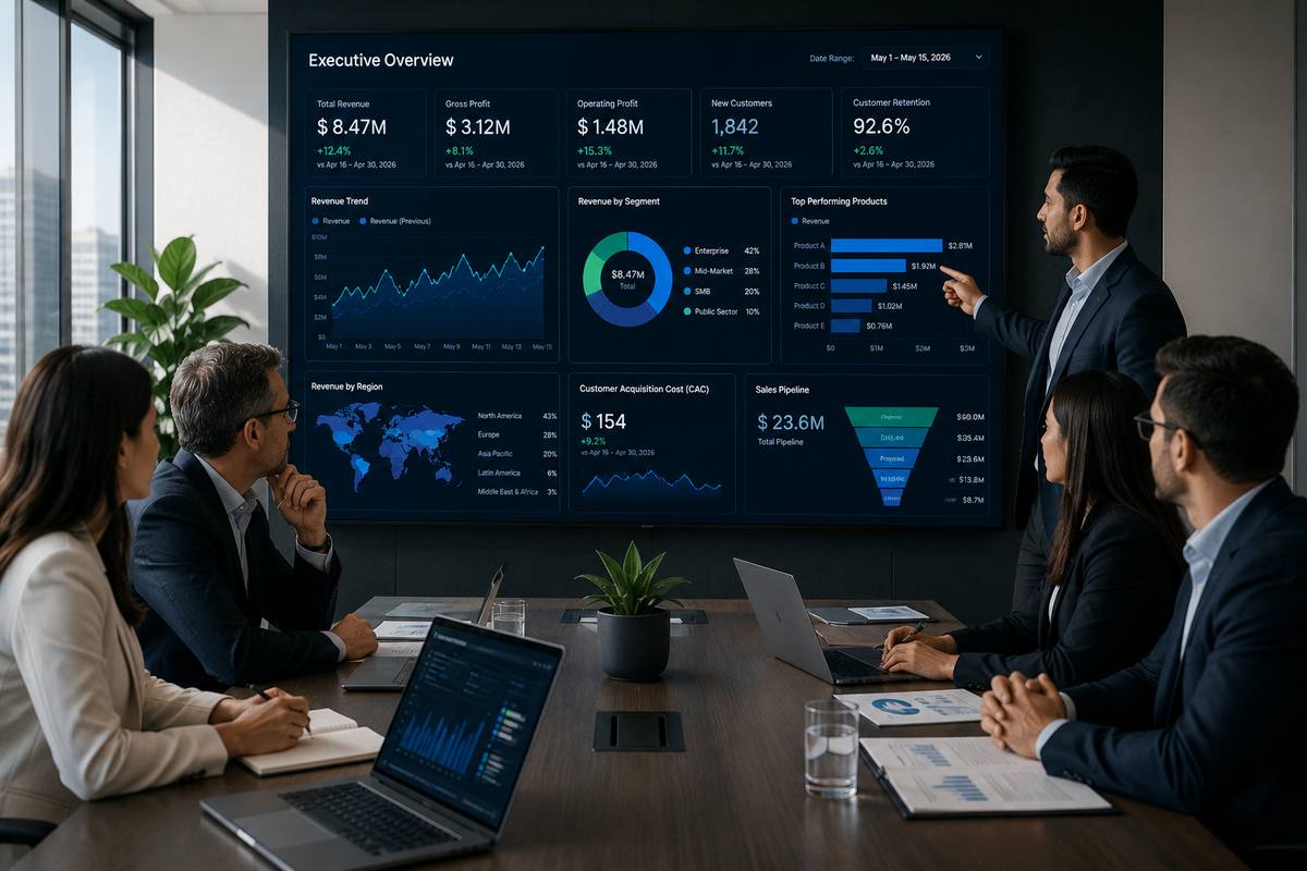 Business team reviewing analytics dashboards and KPI reports