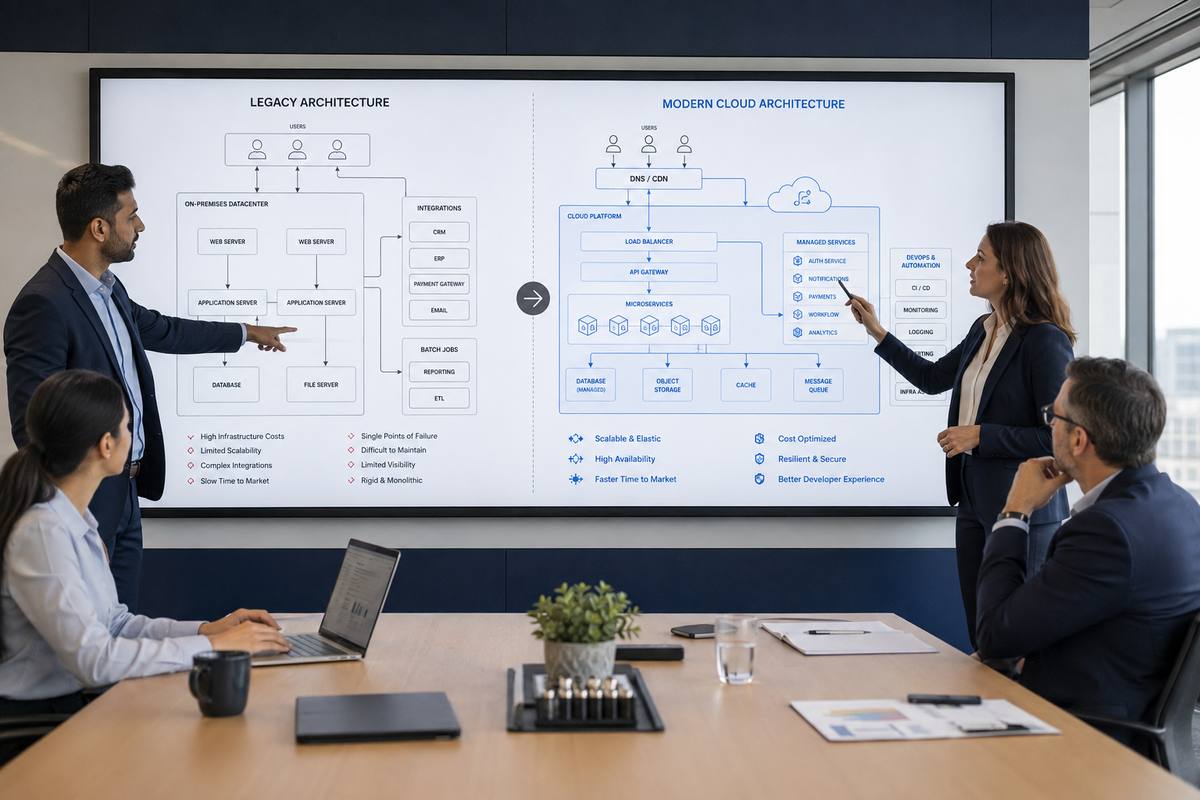 Engineers planning legacy application modernization on digital displays