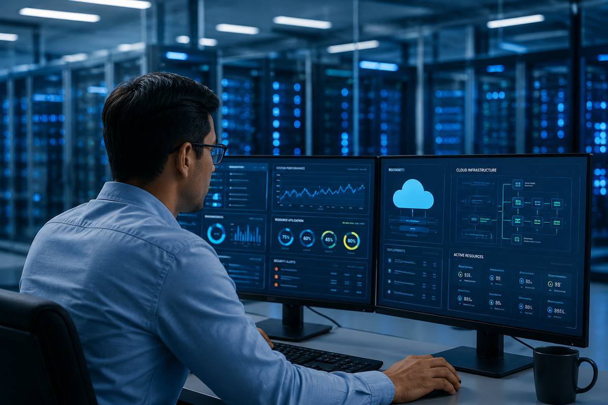 Abstract view of cloud servers and modern data center infrastructure