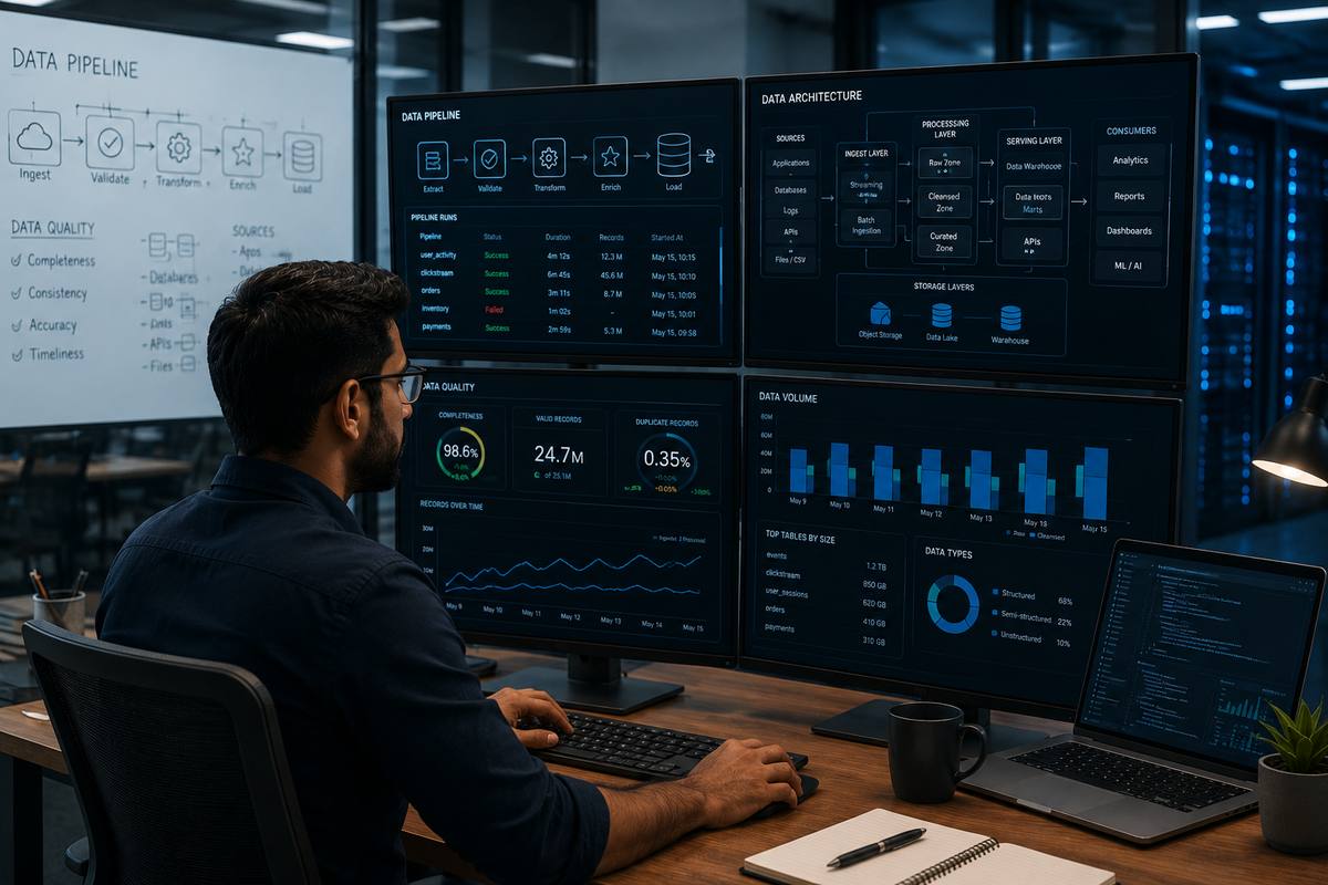 Data engineer working with pipeline architecture on multiple monitors