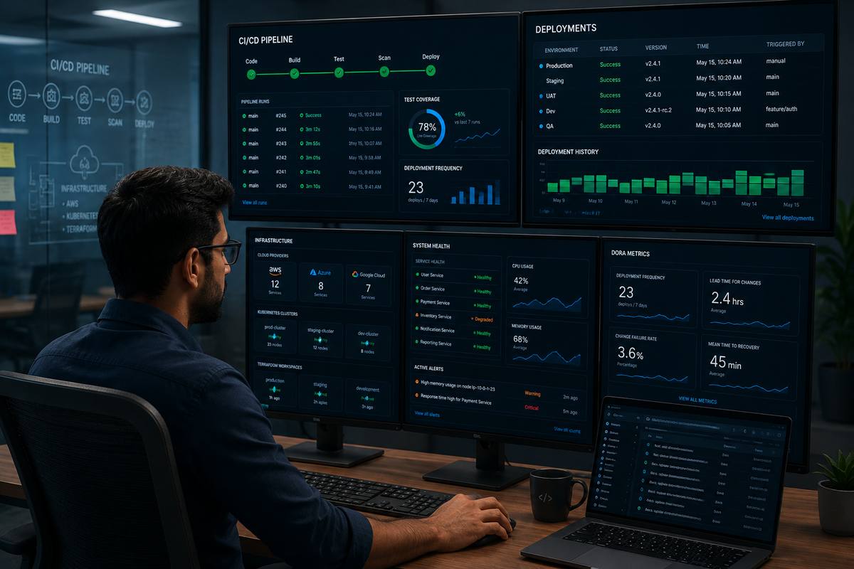 DevOps engineer monitoring CI/CD pipelines and deployment dashboards