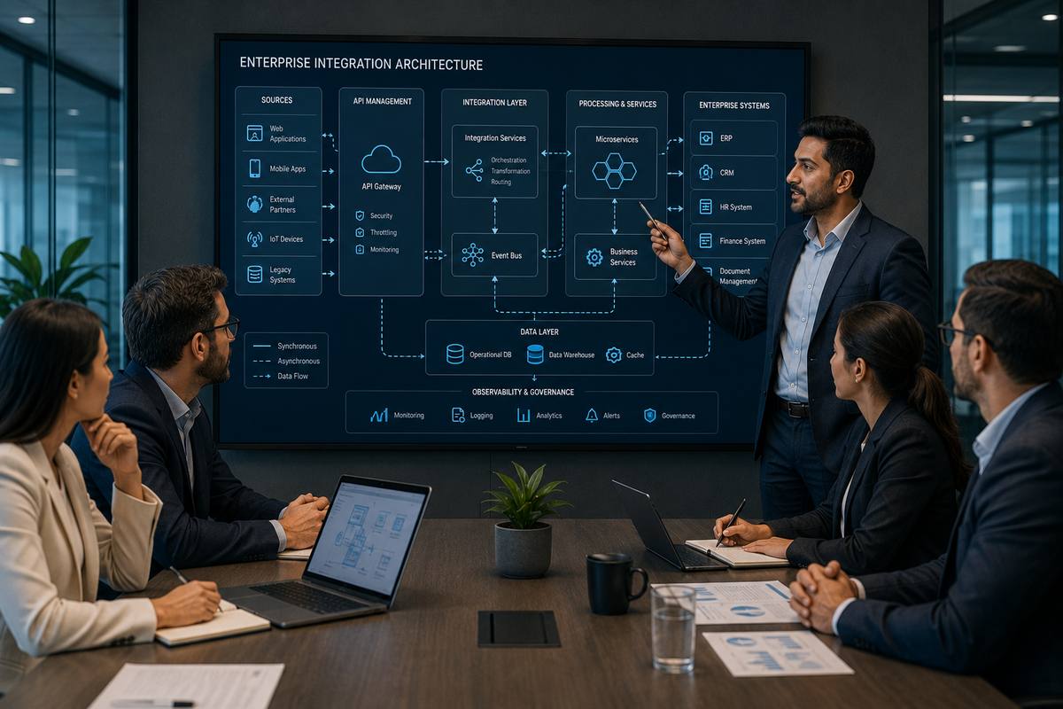 Enterprise systems integration diagram on screens in a corporate office