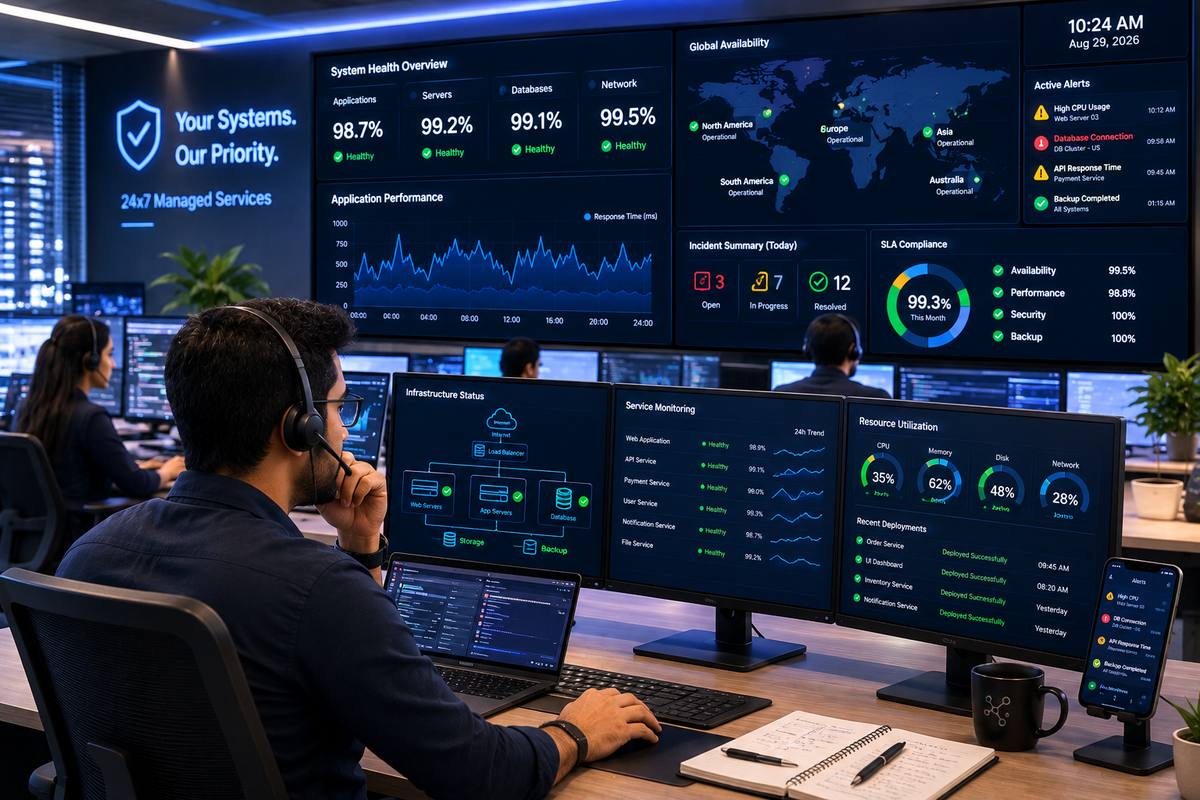 IT support team monitoring enterprise systems in a network operations center