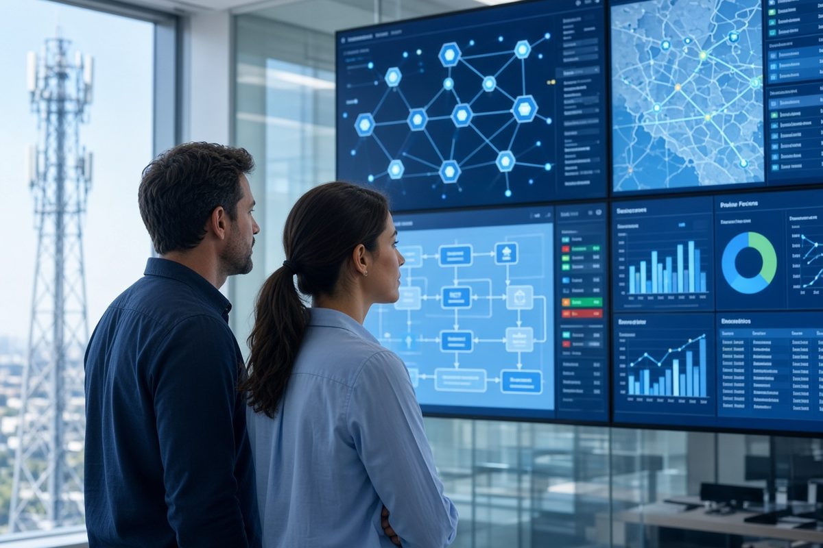 Telecom engineers monitoring OSS/BSS dashboards in a network operations center